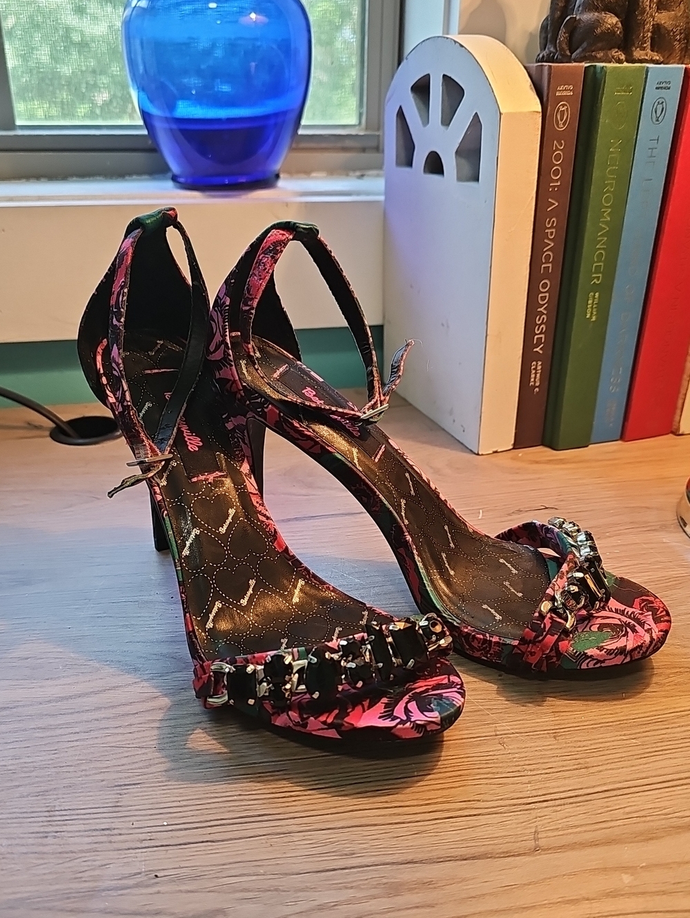 Betsyville Floral Pink Open-Toe Heels with Ankle Strap and Gems